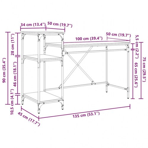 Skrivebord med hylder - sort eg, 135 x 50 x 90 cm