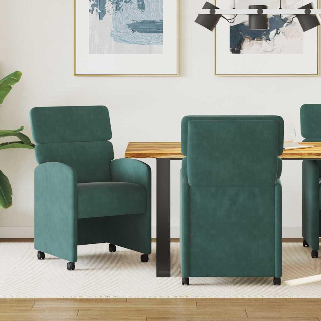 Spisestole med hjul 2 stk Mørkegrøn 58 x 65 x 98 cm Fløjl billede