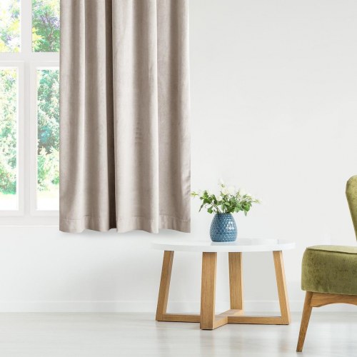 Mørklægningsgardin i velour 140x245 - RESTILO, varm sandbeige med sølvøskner og bindebånd