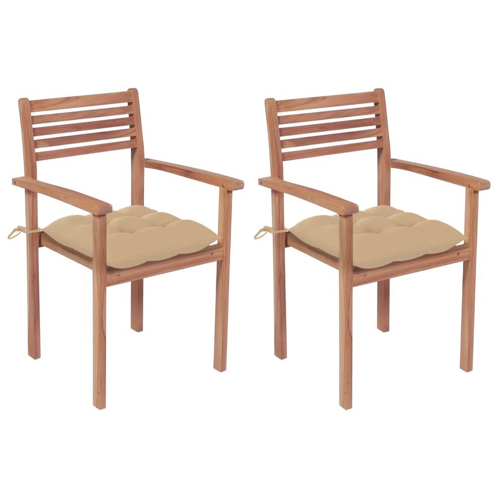Havestole 2 stk. med beige hynder massivt teaktræ
