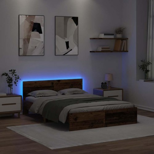 Sengestel med LED og hovedgavl - gammelt træ 140 x 200 cm