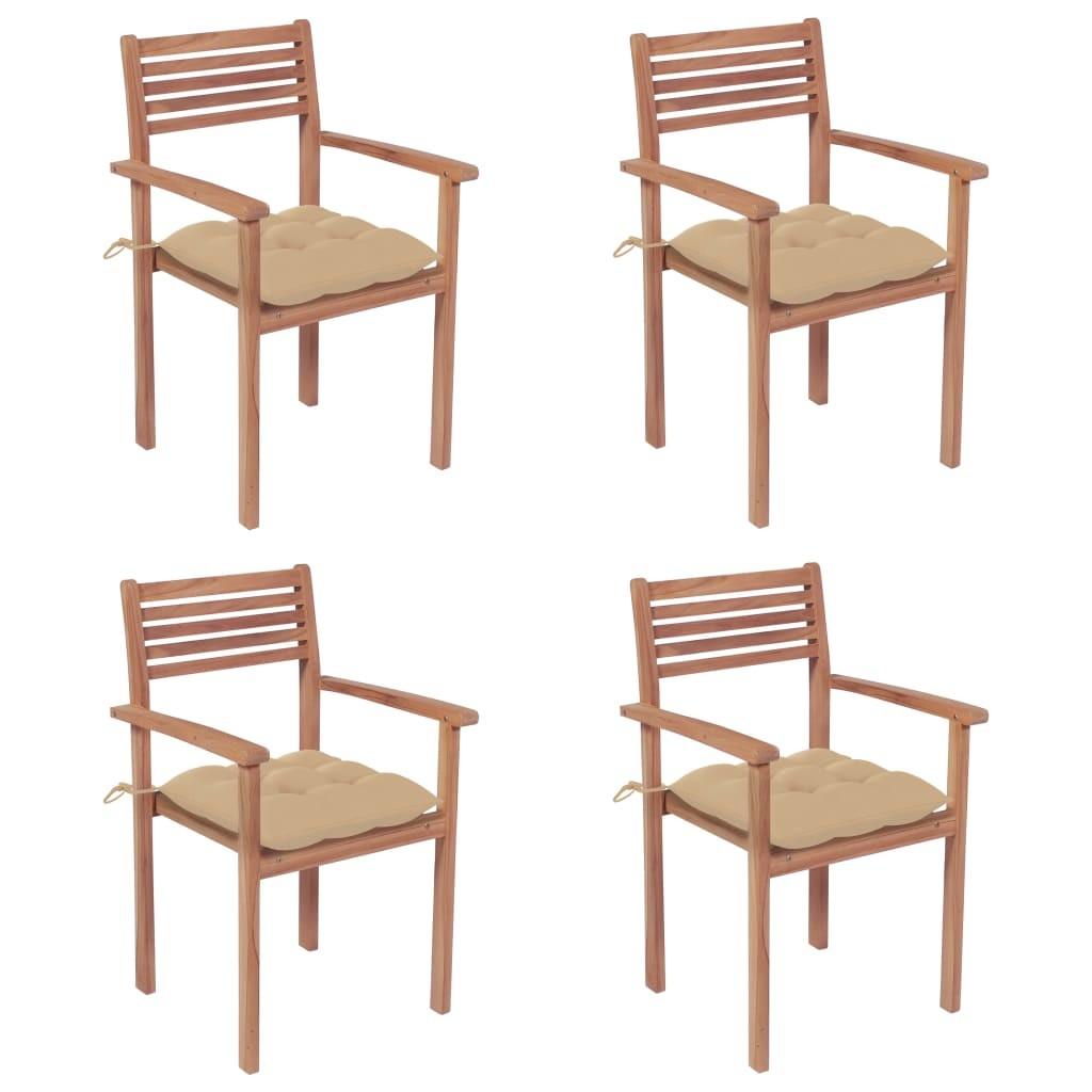 Havestole 4 stk. med beige hynder massivt teaktræ