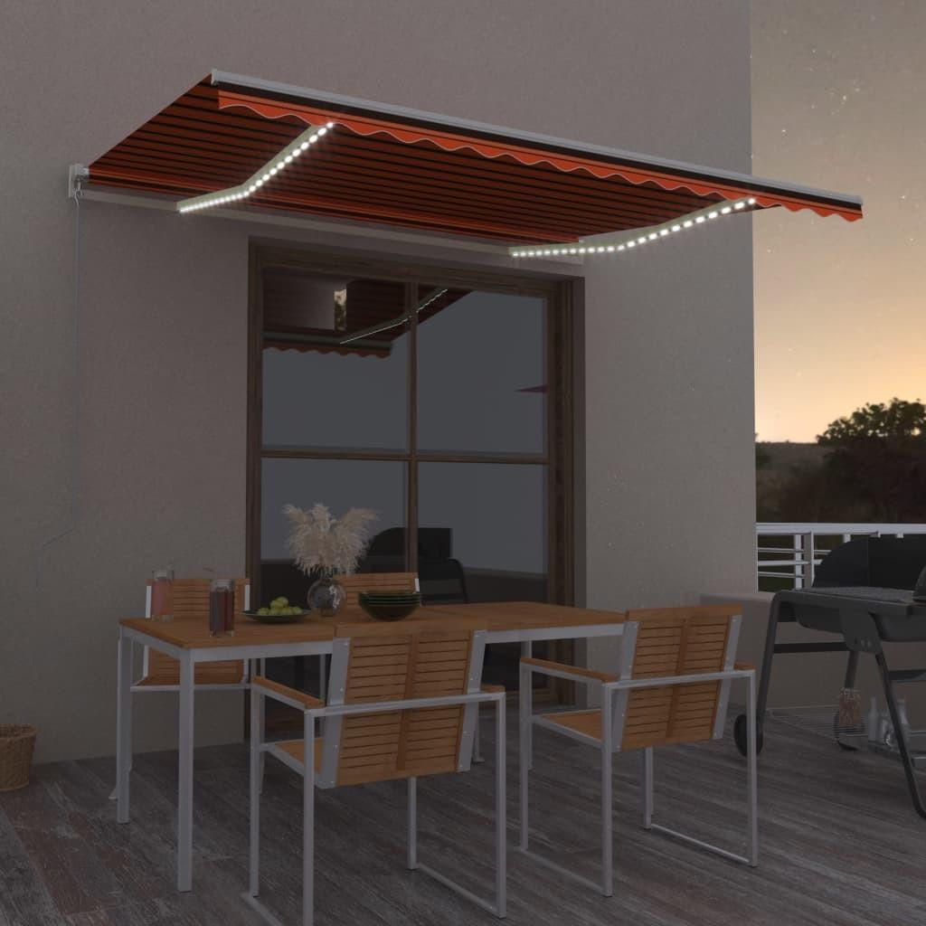 Markise m. LED-lys 450x300 cm manuel betjening orange og brun