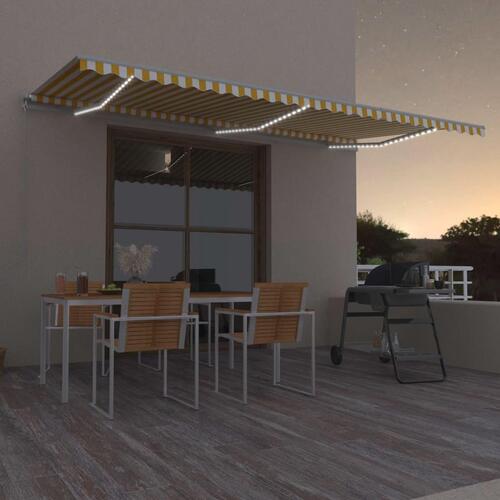 Markise m. LED-lys 600x300 cm manuel betjening gul og hvid