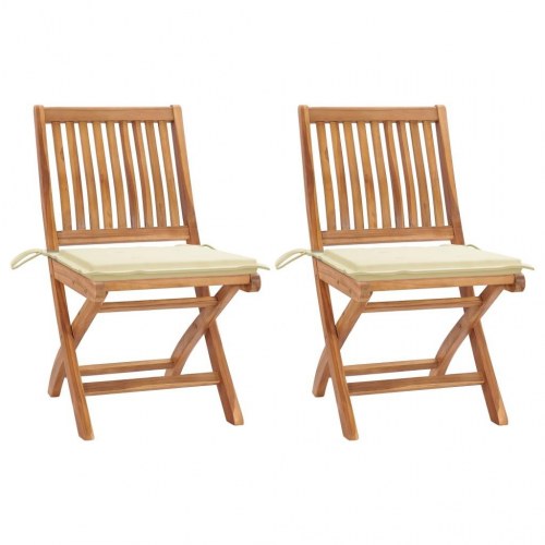 Havestole i teak - 2 stk. med cremefarvede hynder, foldbare