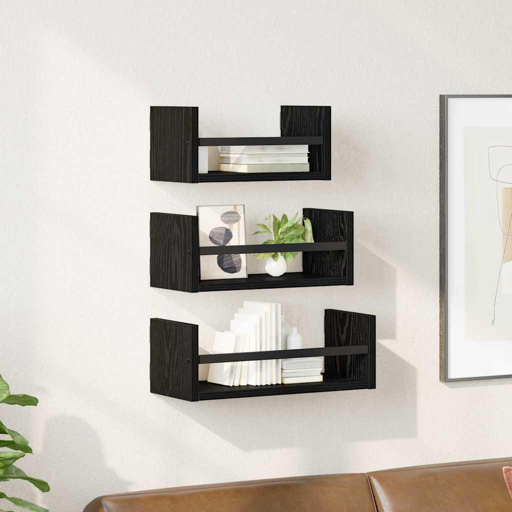 Væghyldesæt med hylde 3 stk Sort eg 40x16x14cm Konstrueret træ billede