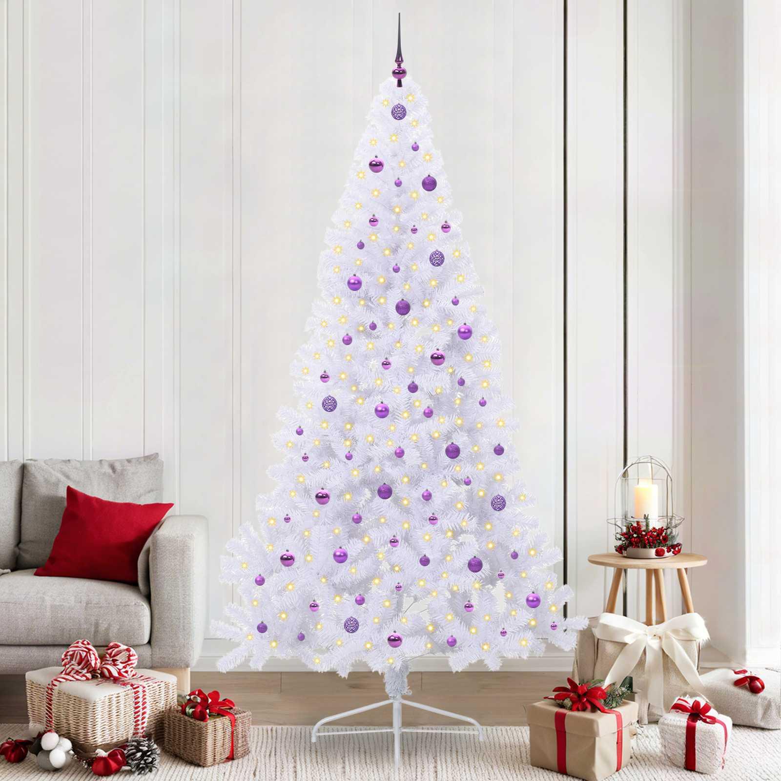 Kunstigt juletræ 240 cm - hvid PVC med 300 lilla LED-lys og stålstativ billede