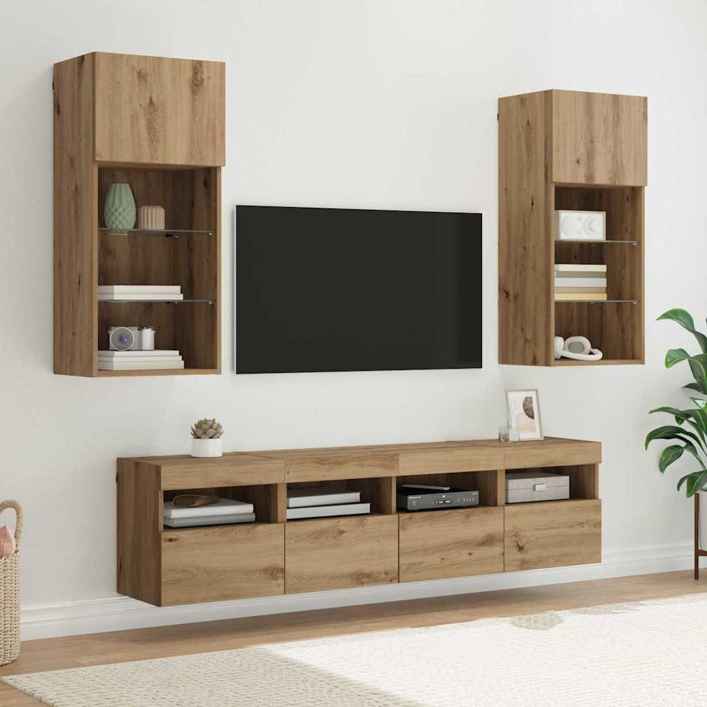 TV vægenheder med LED 5 stk Artisan Egetræ 40,5 x 30 x 90 cm billede