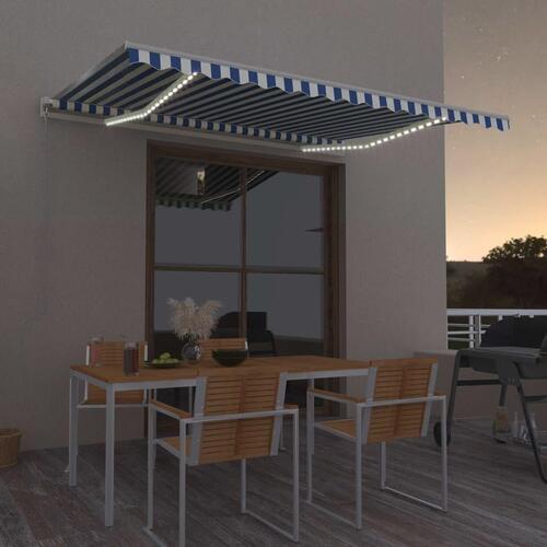 Markise m. LED + vindsensor 450x350 cm automatisk blå og hvid