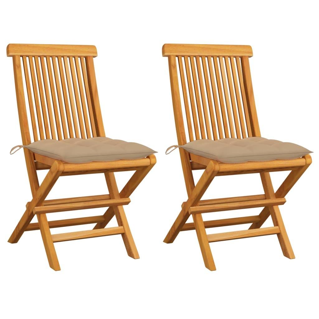 Havestole med beige hynder 2 stk. massivt teaktræ