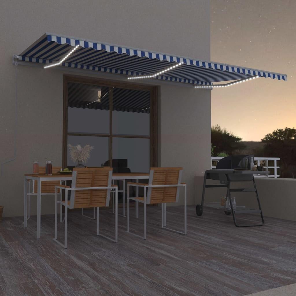 Markise m. LED + vindsensor 600x350 cm automatisk blå og hvid