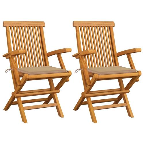 Havestole med beige hynder 2 stk. massivt teaktræ