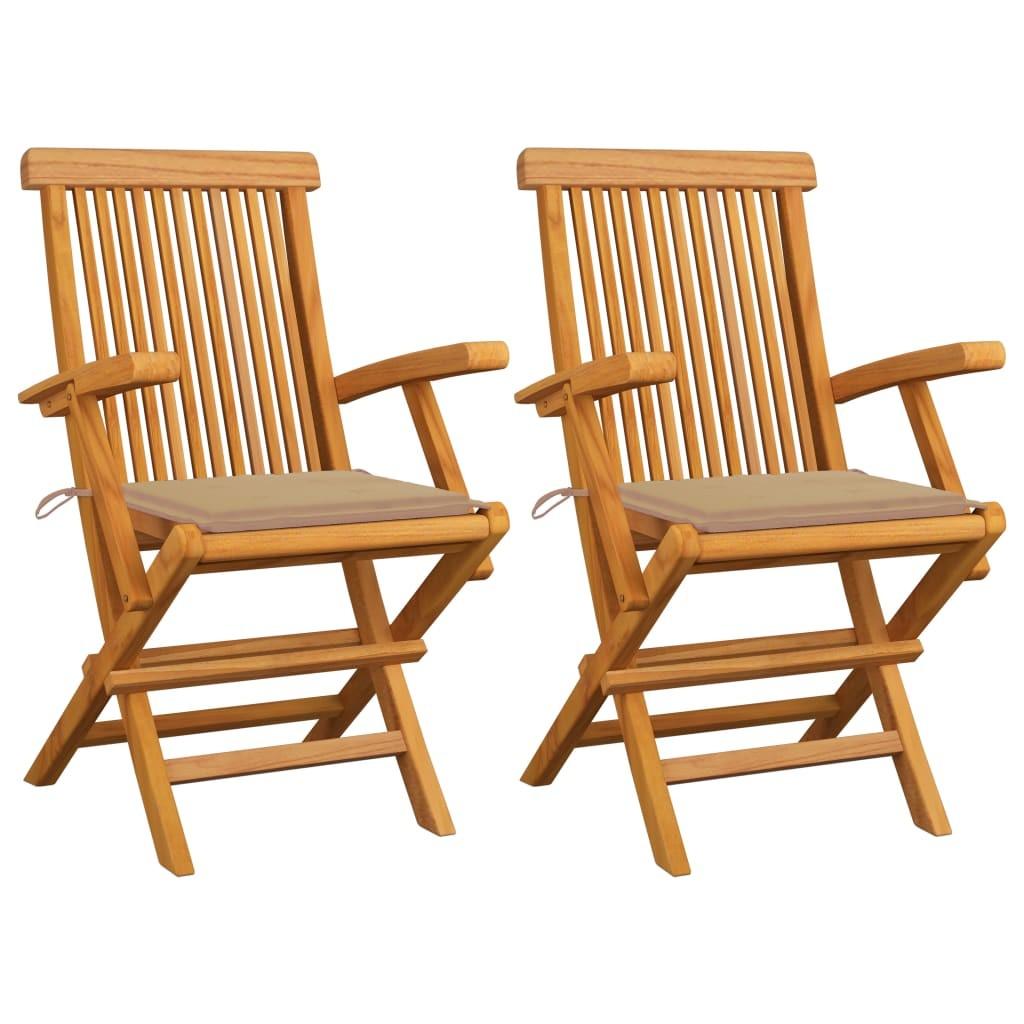 Havestole med beige hynder 2 stk. massivt teaktræ