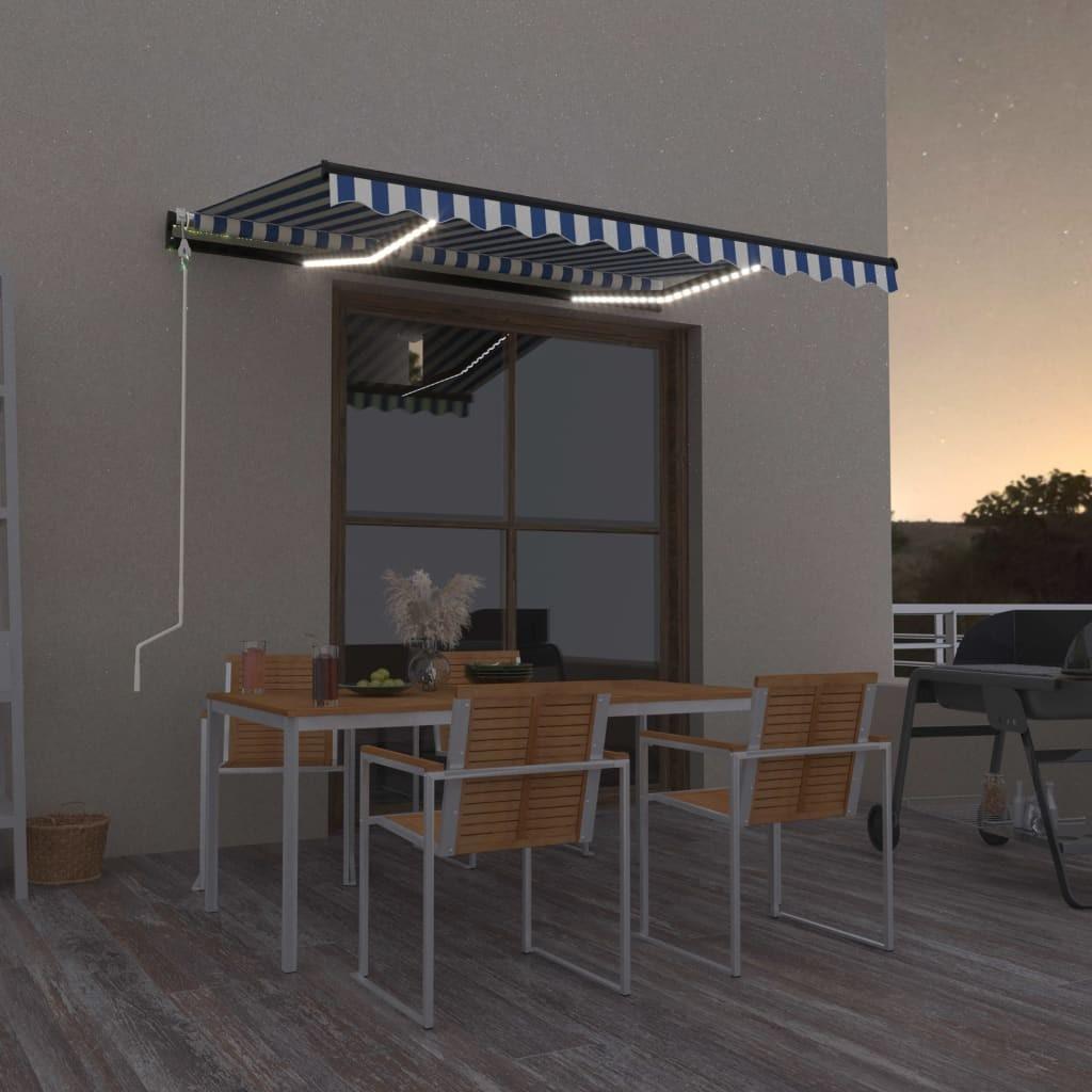 Markise m. LED + vindsensor 350x250 cm automatisk blå og hvid