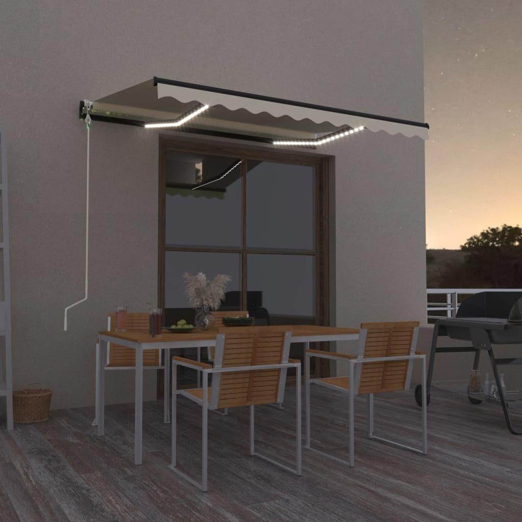 Markise m. LED + vindsensor 350x350 cm automatisk cremefarvet