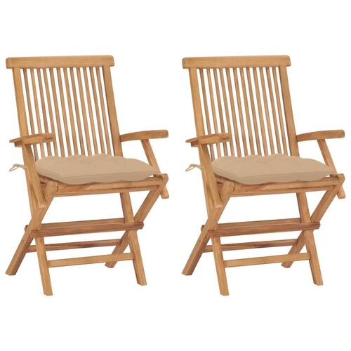 Havestole med beige hynder 2 stk. massivt teaktræ
