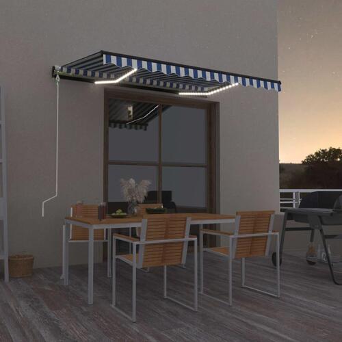 Markise m. LED + vindsensor 400x300 cm automatisk blå og hvid
