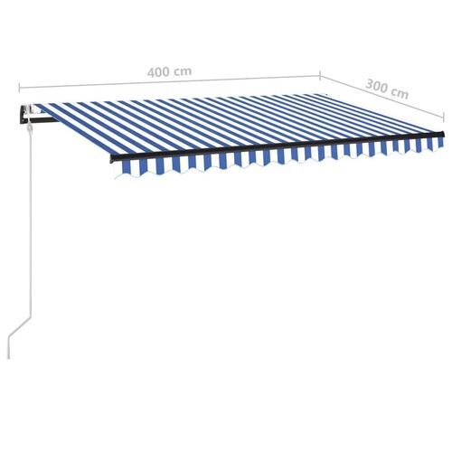 Markise m. LED + vindsensor 400x300 cm automatisk blå og hvid