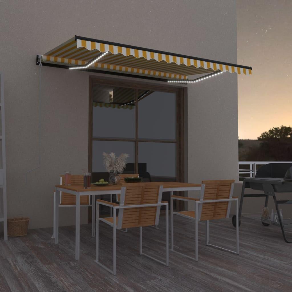 Markise m. LED + vindsensor 450x300 cm automatisk gul og hvid