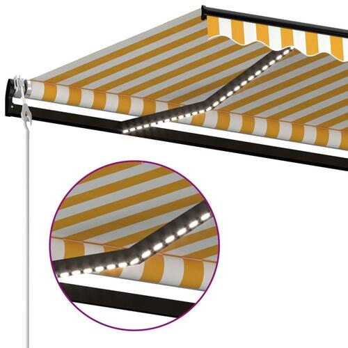 Markise m. LED + vindsensor 500x300 cm automatisk gul og hvid