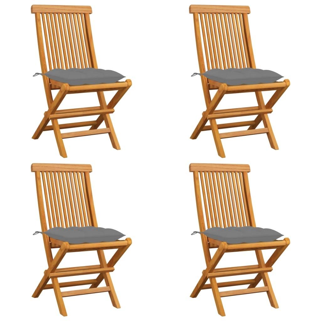 Havestole med grå hynder 4 stk. massivt teaktræ