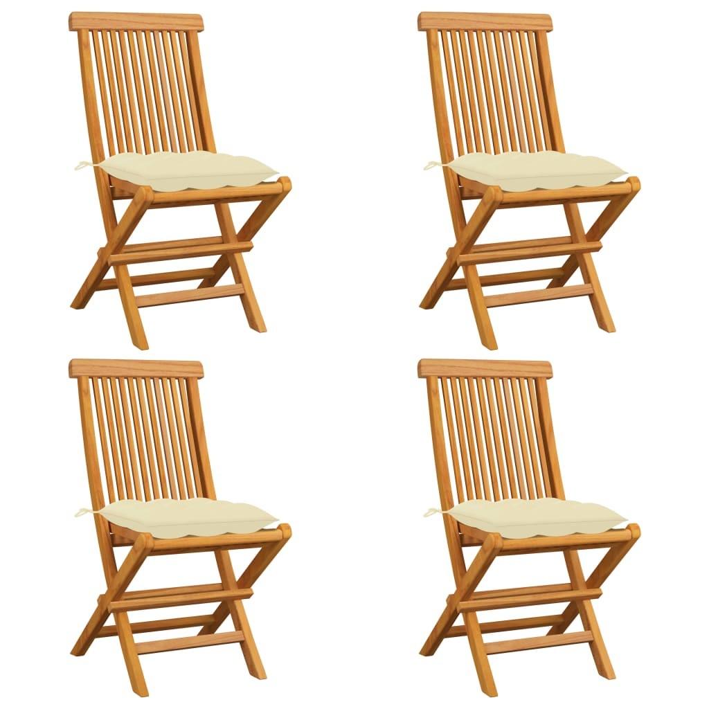 Havestole med cremefarvede hynder 4 stk. massivt teaktræ