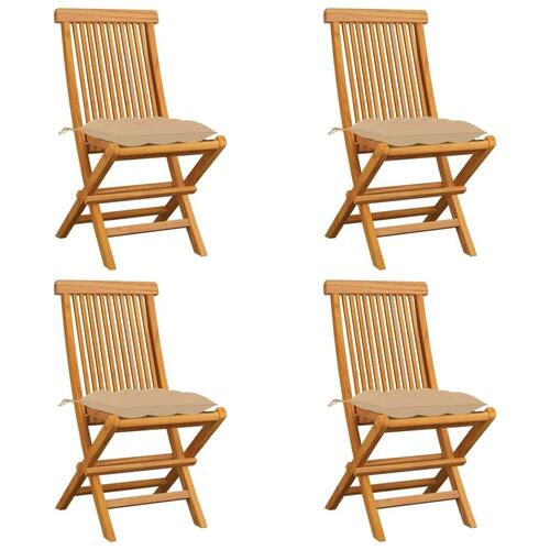Havestole med beige hynder 4 stk. massivt teaktræ