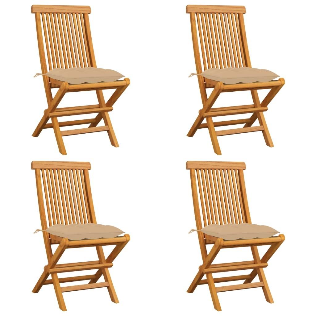 Havestole med beige hynder 4 stk. massivt teaktræ