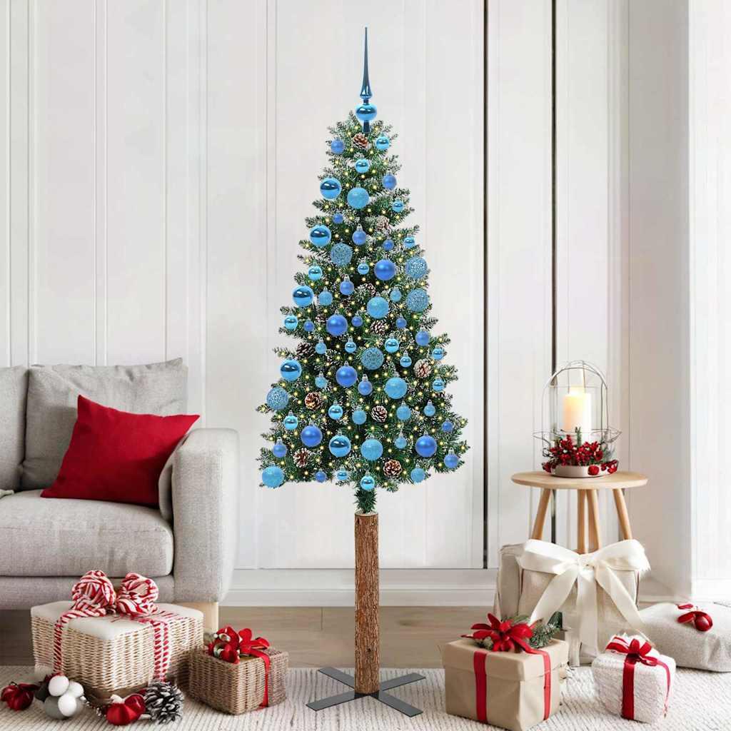 Slankt Juletræ Grøn og Hvid 180 cm PVC og Massiv Fyrretræ billede