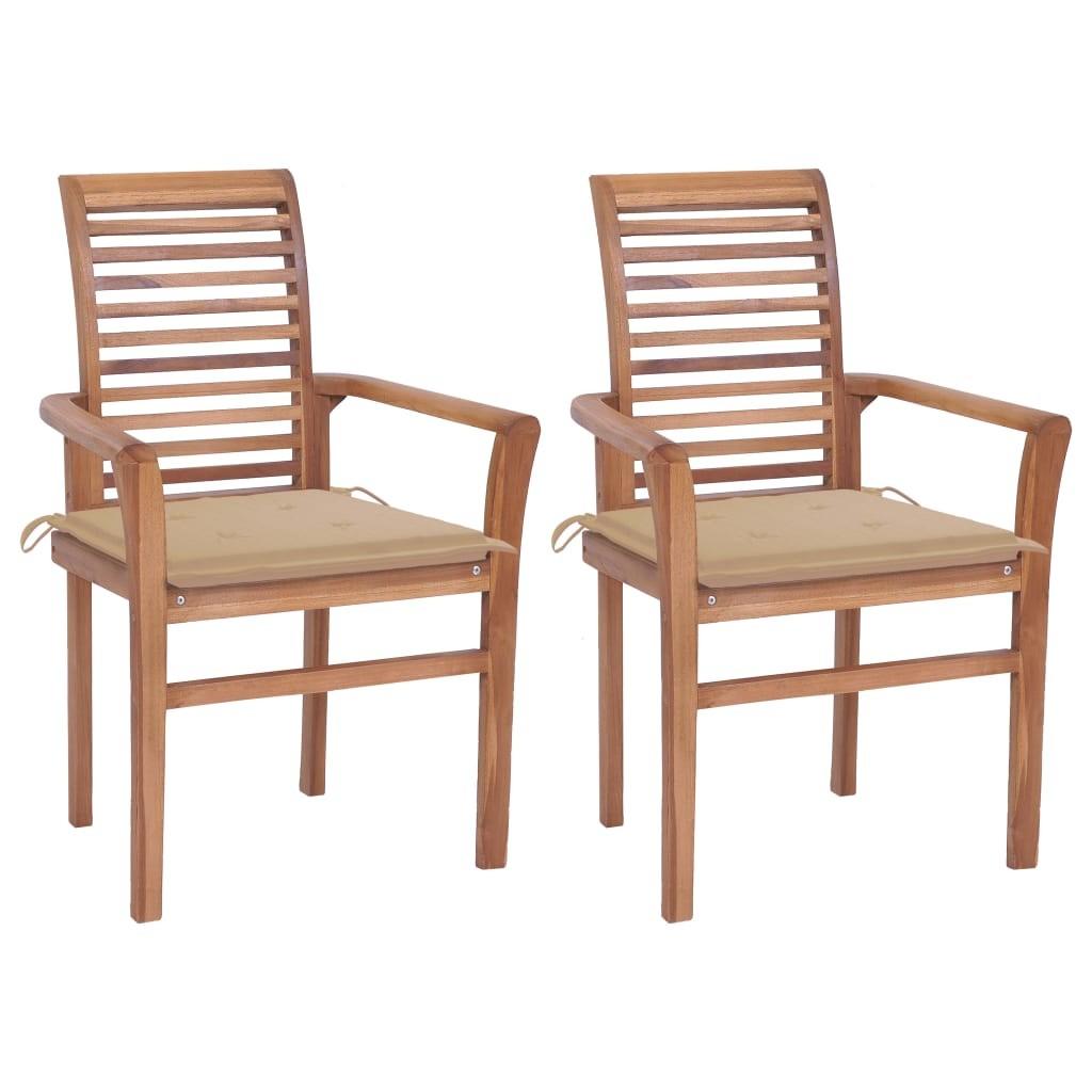 Spisebordsstole 2 stk. med beige hynder massivt teaktræ