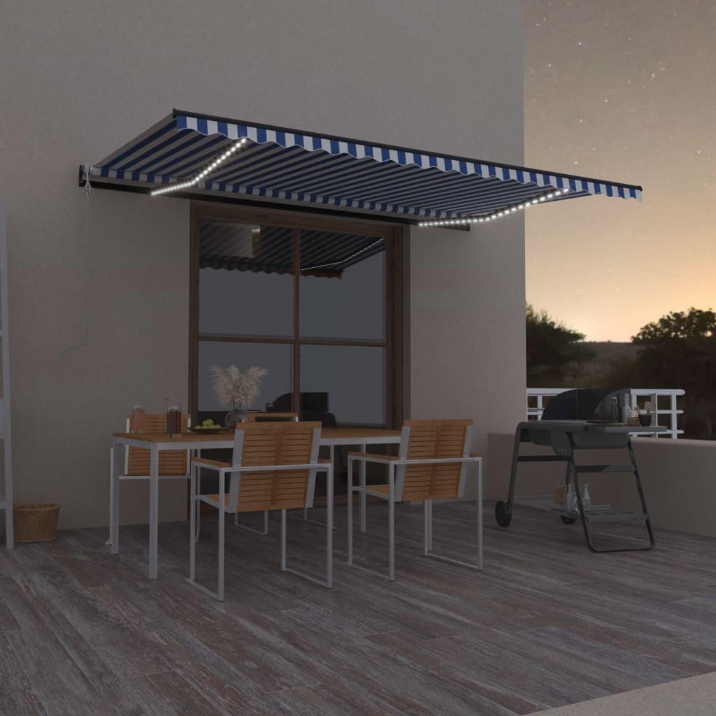Markise m. LED + vindsensor 500x350 cm automatisk blå og hvid