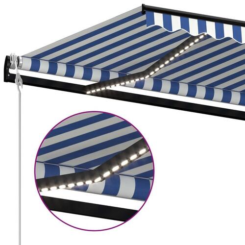 Markise m. LED + vindsensor 500x350 cm automatisk blå og hvid