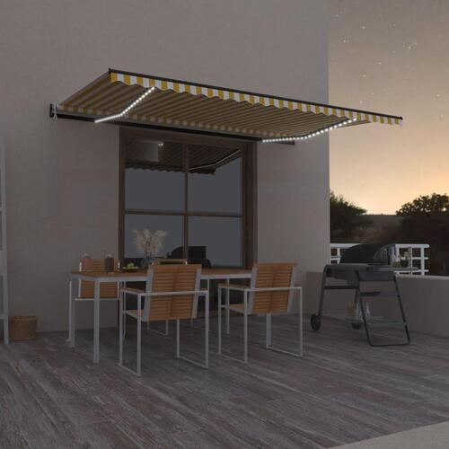 Markise m. LED + vindsensor 500x350 cm automatisk gul og hvid