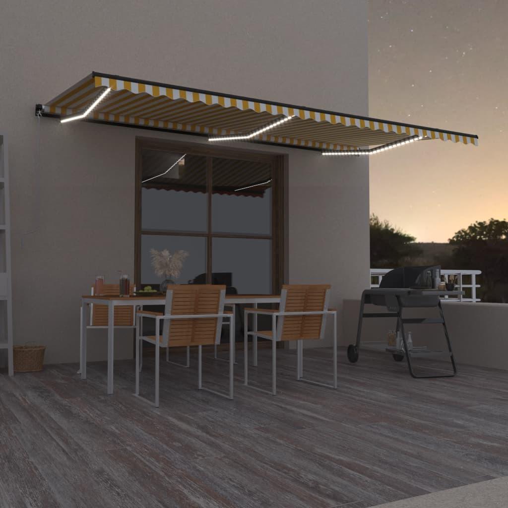Markise m. LED-lys 600x350 cm manuel betjening gul og hvid