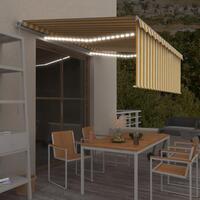 Markise m. gardin + LED 4x3 m manuel betjening gul og hvid