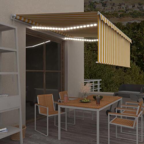 Markise m. gardin + LED 4x3 m manuel betjening gul og hvid