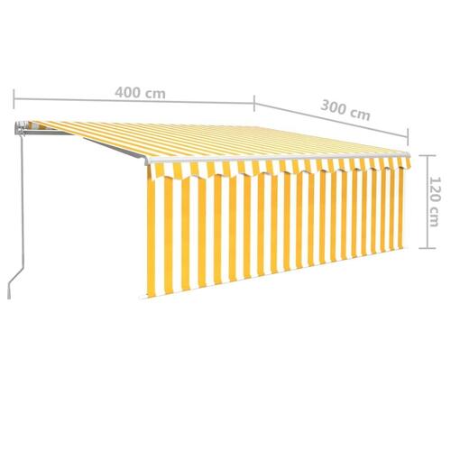 Markise m. gardin + LED 4x3 m manuel betjening gul og hvid