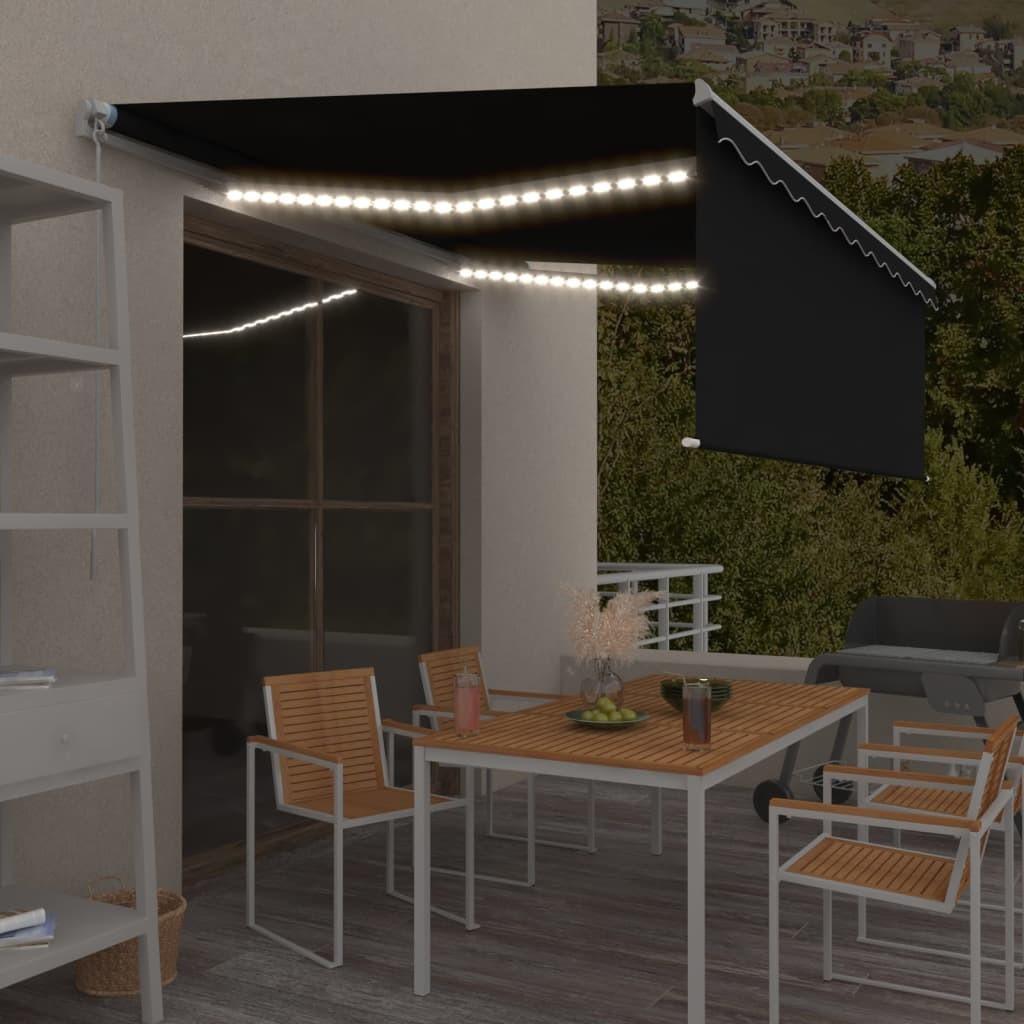 Markise m. gardin + LED 4x3 m manuel betjening antracitgrå