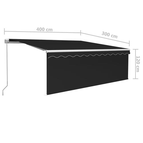Markise m. gardin + LED 4x3 m manuel betjening antracitgrå