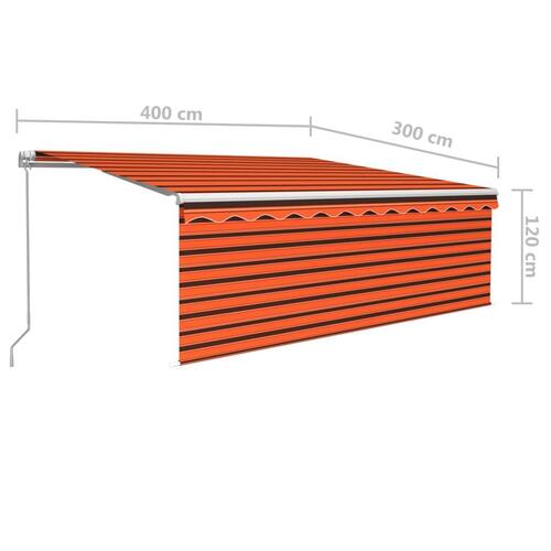 Markise m. gardin + LED 4x3 m manuel betjening orange og brun