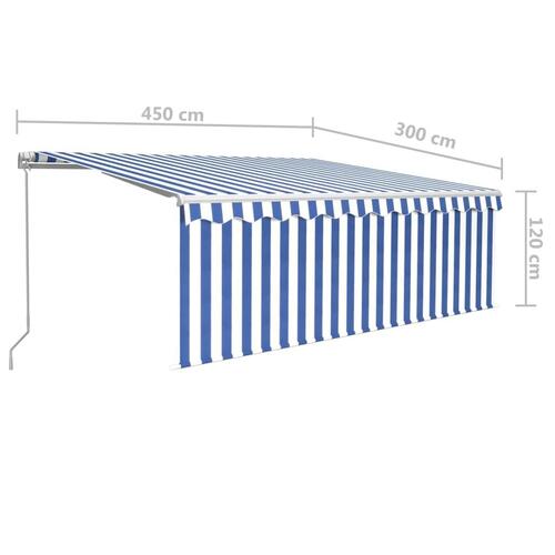 Markise m. gardin 4,5x3 m manuel betjening blå og hvid