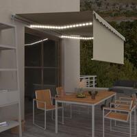 Markise m. gardin + LED 4,5x3 m manuel betjening cremefarvet