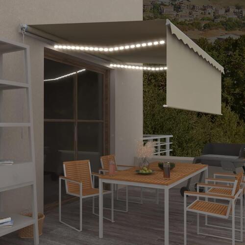 Markise m. gardin + LED 4,5x3 m manuel betjening cremefarvet