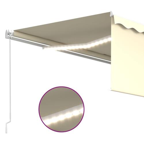 Markise m. gardin + LED 4,5x3 m manuel betjening cremefarvet