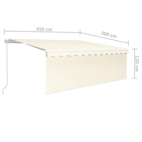 Markise m. gardin + LED 4,5x3 m manuel betjening cremefarvet