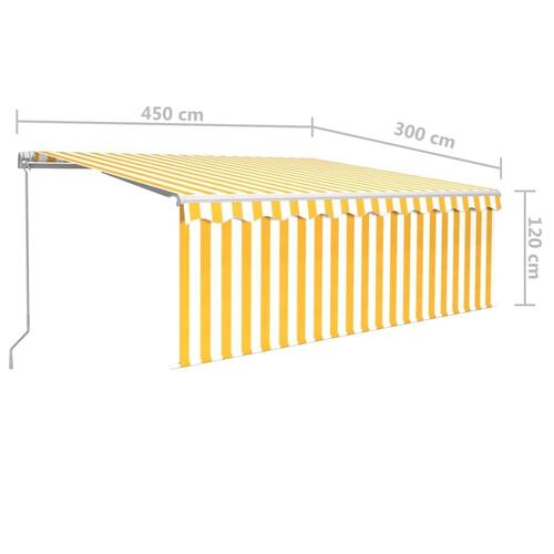 Markise m. gardin + LED 4,5x3 m manuel betjening gul og hvid