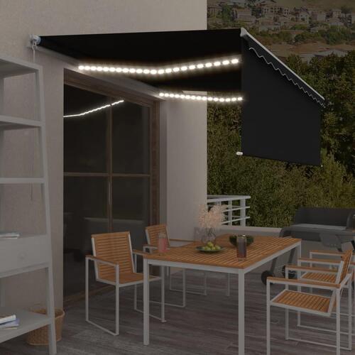 Markise m. gardin + LED 4,5x3 m manuel betjening antracitgrå