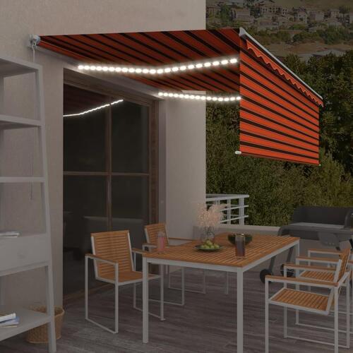 Markise m. gardin + LED 4,5x3 m manuel betjening orange og brun