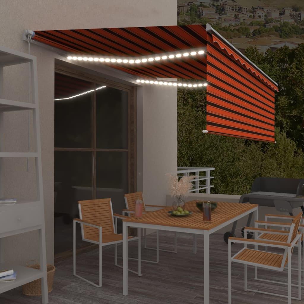 Markise m. gardin + LED 4,5x3 m manuel betjening orange og brun