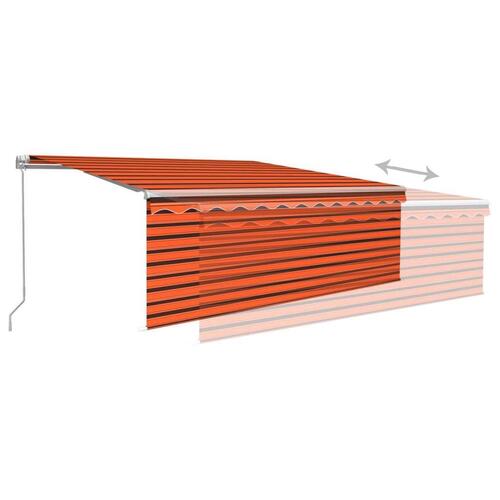 Markise m. gardin + LED 4,5x3 m manuel betjening orange og brun
